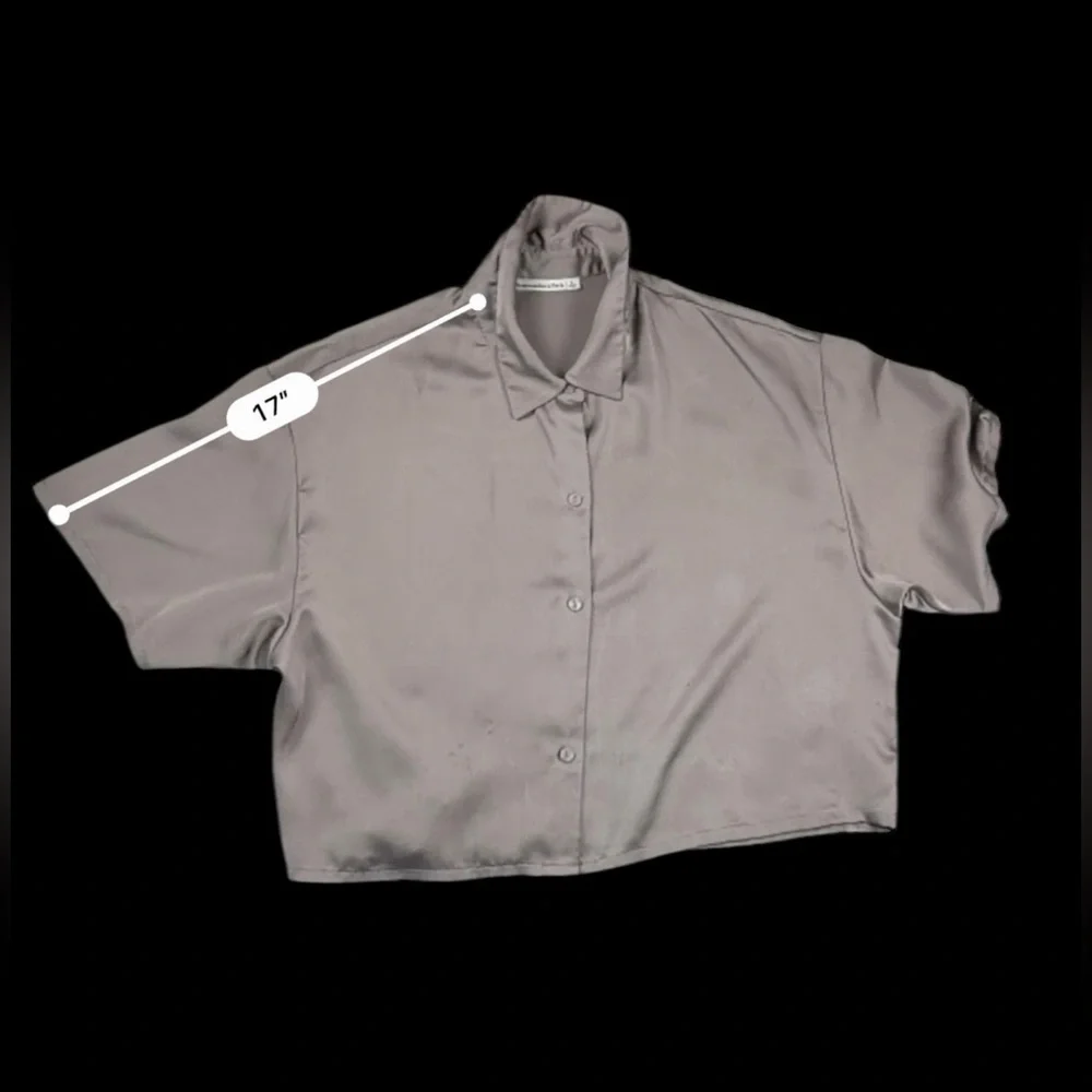 Abercrombie & Fitch Womens Gray Satin Button-Down Blouse Short Sleeve Size L - Picture 11 of 15